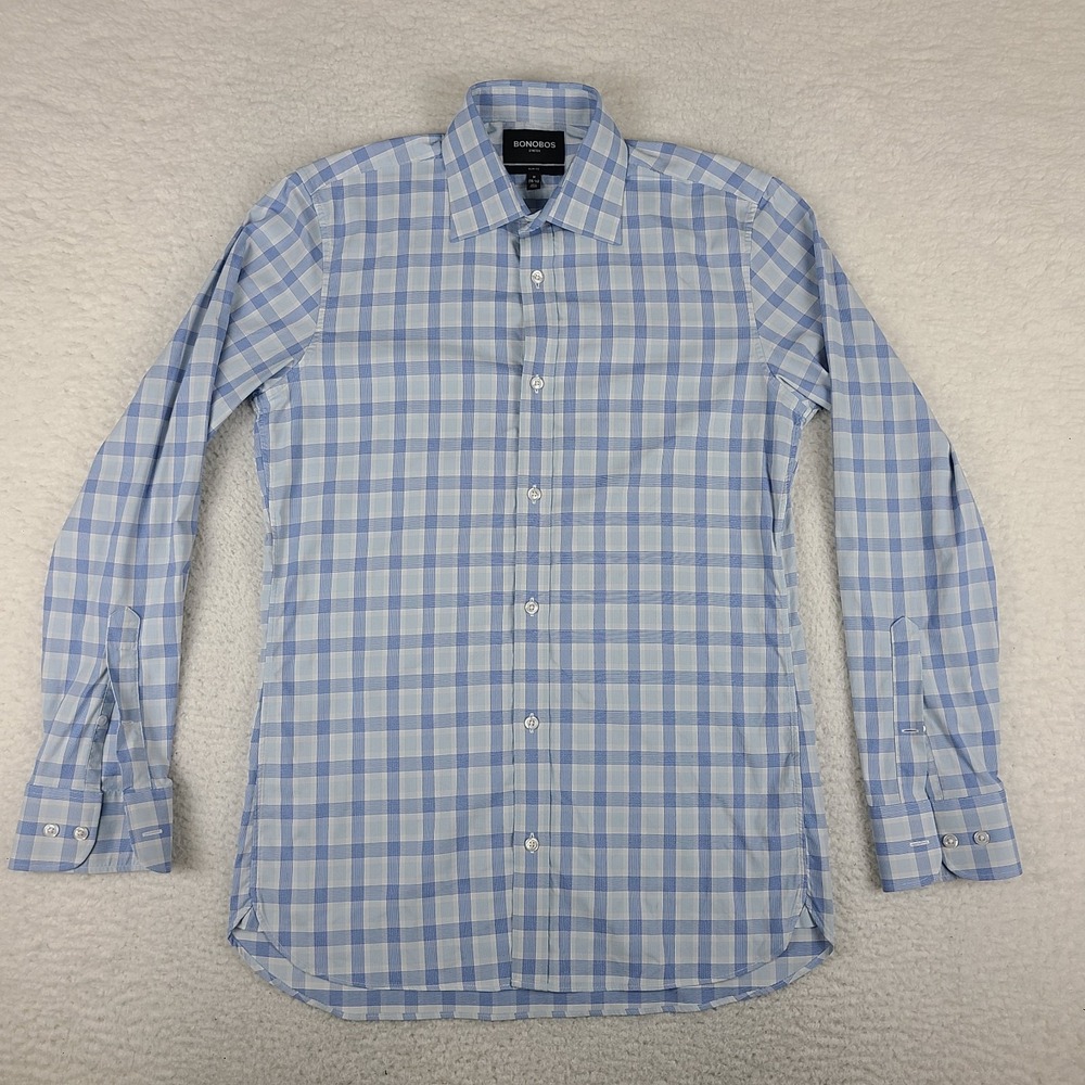 BONOBOS Dress Shirt Men Medium Blue Plaid Slim Fit Stretch Performance Button Up